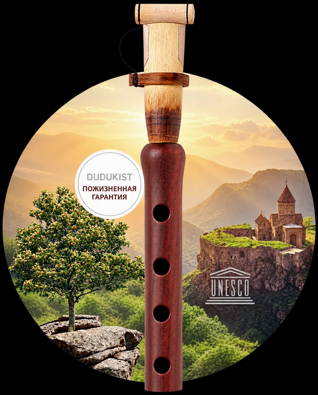 Armenian duduk, apricot tree and mountain monastery