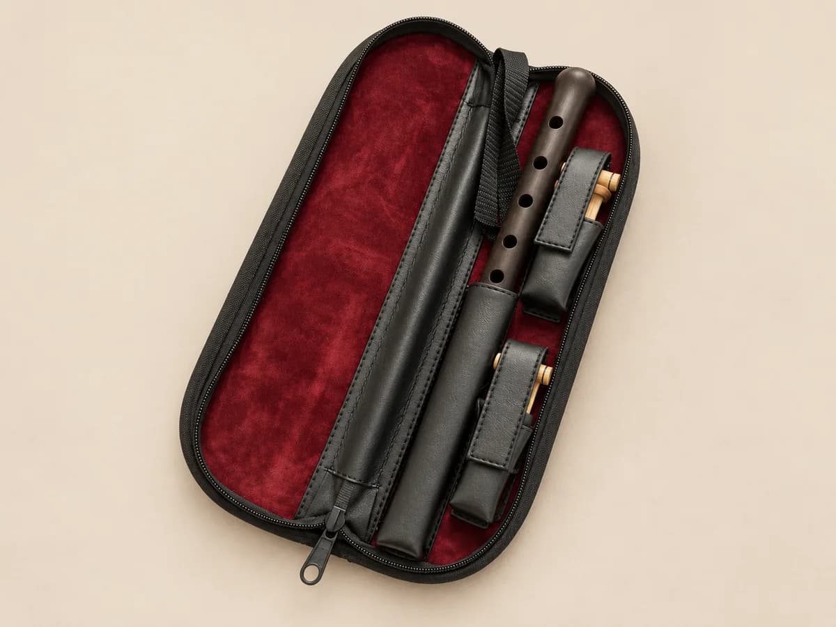 Open protective case with duduk and two reeds