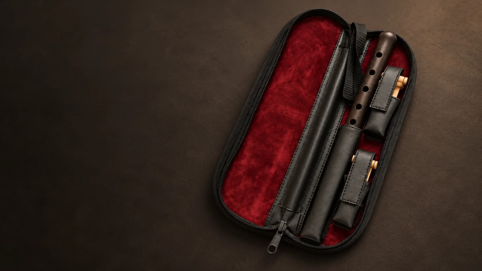 A duduk and two reeds in an open case on a warm dark background